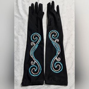 Rhinestoned Black Satin Stretch Gloves (OS)